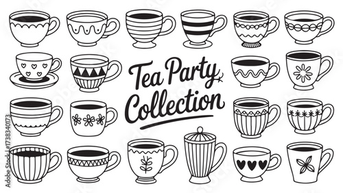 Tea cup collection hand-drawn vector illustration perfect for tea party invitations and cafe menus