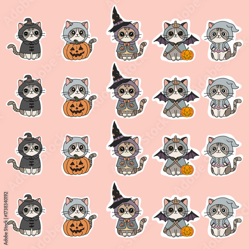 Cute Kawaii Halloween Cats in Costumes Seamless Pattern