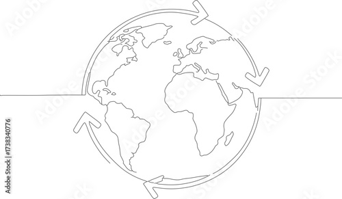 Continuous Line Drawing Earth Globe with Arrows Concept Illustration