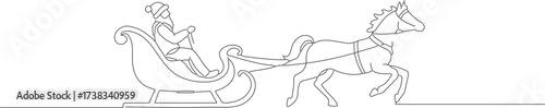 Handdrawn Santa in Sleigh Pulled by Horse Outline Winter Holiday