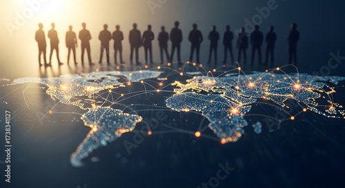 Silhouettes of a diverse business team standing on a glowing world map at sunrise symbolizing global connection and opportunity