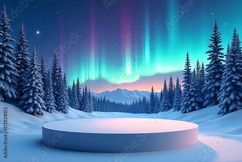 Snowy winter forest stage under vibrant aurora borealis lights