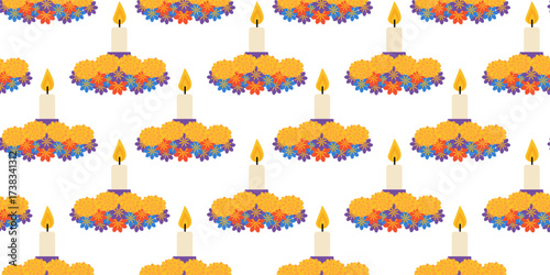 Burning candle on Marigold altar Seamless Pattern Banner Format Day of the Dead colorful Background