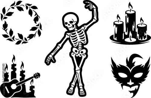 black silhouette bundle of Dancing skeleton, Skull wings, Petal swirl, Altar candles, Guitarist, Mask dancer