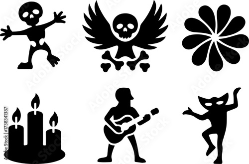 black silhouette bundle of Dancing skeleton, Skull wings, Petal swirl, Altar candles, Guitarist, Mask dancer