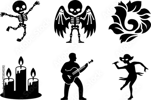 black silhouette bundle of Dancing skeleton, Skull wings, Petal swirl, Altar candles, Guitarist, Mask dancer