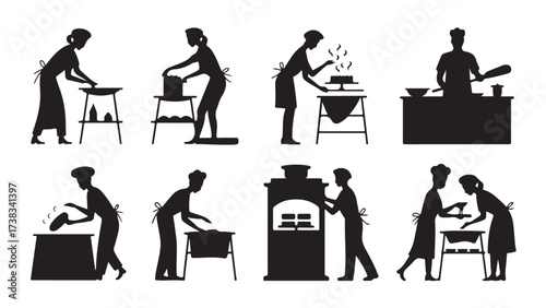 Set of silhouette chef illustrations diverse cooking activities vector graphic isolated on white background