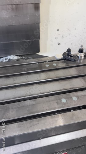Interior of a CNC vertical machining center: T‑slot table with a vise above telescopic way covers, side coolant gutters and sump windows, showing a clean, well‑maintained machine enclosure.