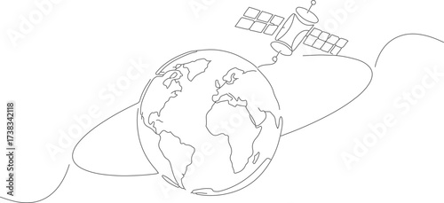 Minimalist Line Art Satellite Orbiting the Earth Illustration on White Background