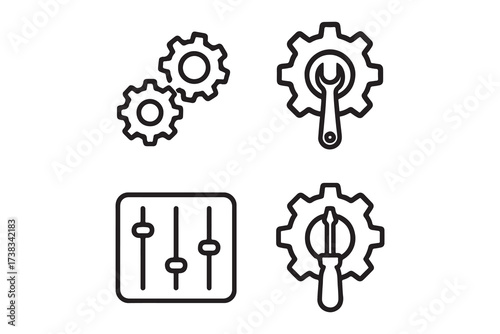 Set of 4 black vector glyph icons of gears and settings, including cogwheel, wrench, optimization, system update, configuration, maintenance, and automation concept
