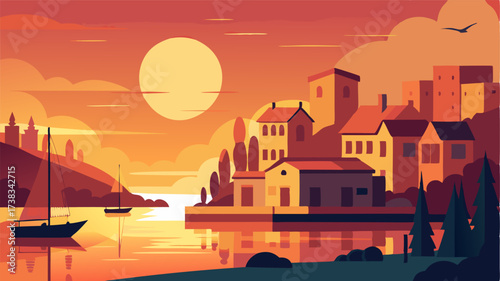 A sense of calmness permeates the air as the sun rises over the harbor casting a warm glow on the surrounding buildings.