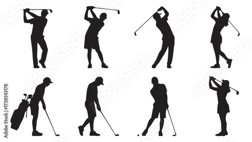 Set of golf player silhouettes in various poses vector illustration of golfers swinging and putting isolated on white background