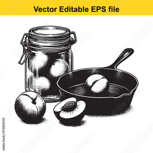 Vector art of vintage illustration of peaches in a jar and cast iron skillet