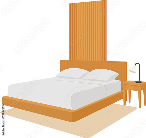 Create a soothing bedroom interior with this modern bed and nightstand, perfect for relaxation and rest in a minimalist home setting today