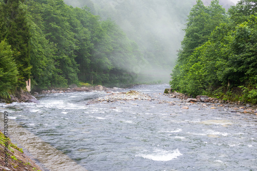 Fast mountain river and whitewater through forest Firtina Valley, Camlıhemsin, Rize, Turkey