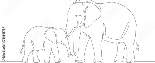 Minimalist Line Art Depicting Mother and Baby Elephant Silhouette Drawing