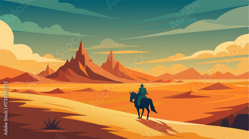 A solitary horseman traversing the windswept steppe plains dwarfed by the grandness of the surroundings.
