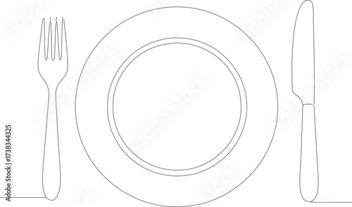 Minimalist Line Drawing Dinner Plate Fork and Knife Illustration