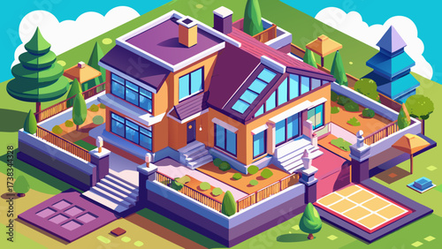 Isometric image of a private house, modern home design, 3D perspective, detailed architecture, garden, trees, fence, roof, windows, doors, scalable vector, clean lines, vibrant colors, professional 