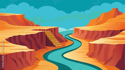 A winding pathway crossing back and forth over a babbling river as it winds its way through a deep canyon.