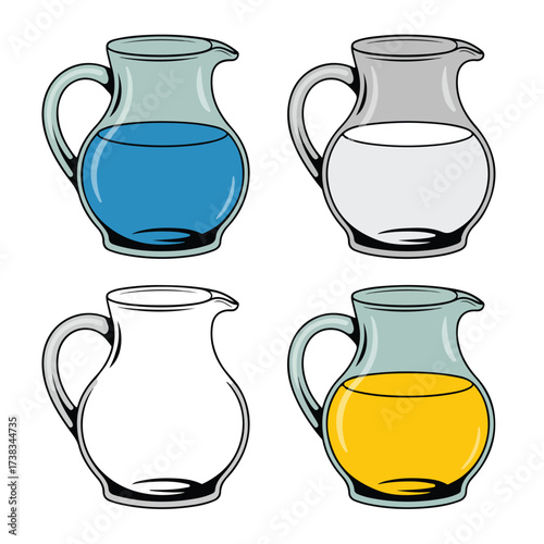 Clear glass jug and pitcher vector illustration isolated on white with a single empty cup and glass for milk or water beverage