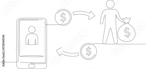 Continuous Line Style Mobile Money Transfer with Person and Dollar Illustration
