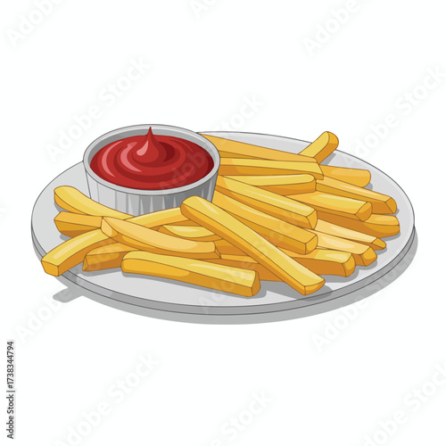 Close-up of french fries and ketchup on a white plate, a classic isolated food for lunch or dinner