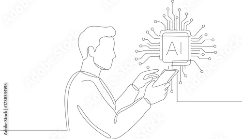 Minimalist Line Drawing Man Using Mobile Phone with AI Chip Concept