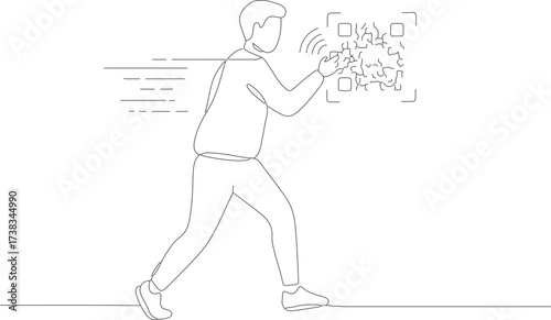Minimalist Outline Continuous Line Person Scanning QR Code Illustration Graphic