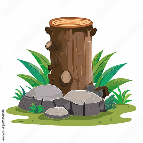 Tree Stump with Rocks and Greenery.