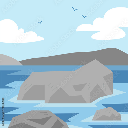 Cold northern sea coast with big rocks and flying seagulls in the sky. Square background in flat style for arctic stories and wildlife projects