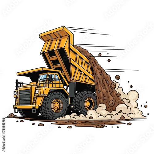 Powerful yellow dump truck unloading earth and rocks, creating dust clouds on a construction site