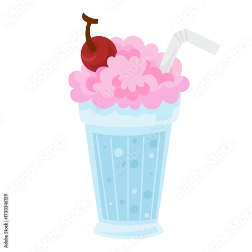 Pink milkshake in blue glass with straw and cherry on top. Flat vector illustration with highlights and shadows. Isolated on white background for menu design.