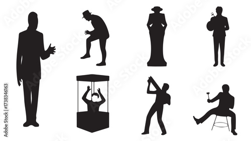 Set of silhouette people icons vector illustration of diverse characters in various poses isolated on white background
