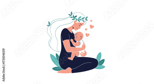 A mother holding her baby lovingly in her arms surrounded by nature.