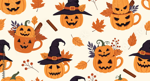Cute jack-o-lanterns with hats and leaves on a cream background.