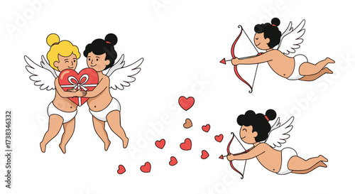 Cupids gifting a heart shape gift and shooting arrows to spread love.