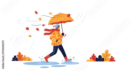A person walks in the rain with an umbrella