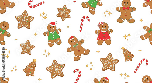 A delightful pattern of gingerbread cookies candy canes and festive decorations.