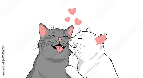 Two cute cats are showing affection to each other with love hearts.