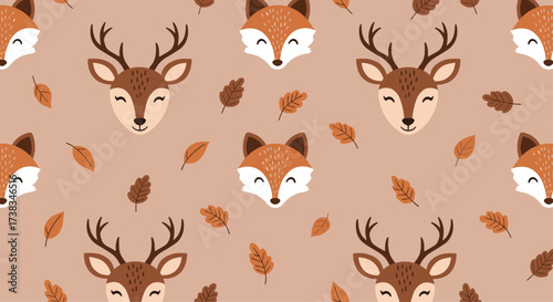 A charming repeating pattern of cute woodland creatures and autumn leaves.