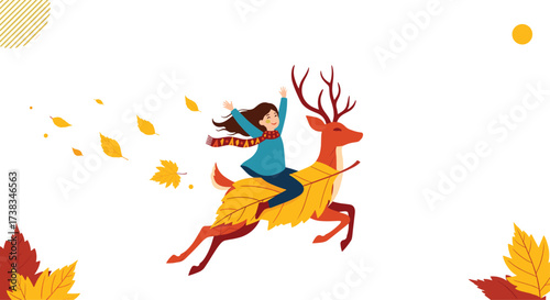 A girl rides a deer through falling autumn leaves.