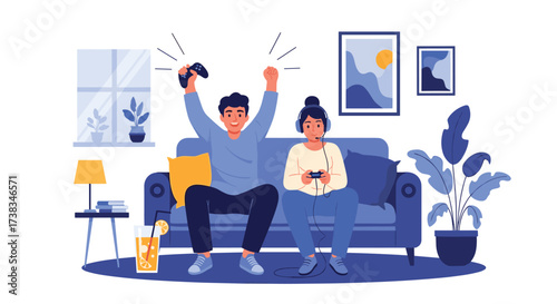 Two young people enjoying playing video games together at home on the couch.