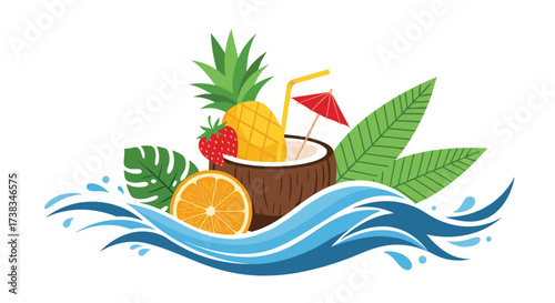 Tropical fruit cocktail with pineapple and orange on a wave.