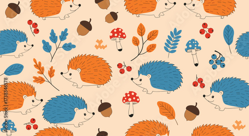 Cute autumn hedgehogs mushrooms and acorns seamless pattern.