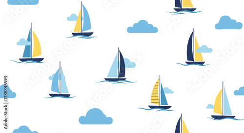 A charming collection of sailboats and clouds on a clear blue sky.