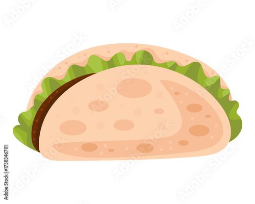 Folded flatbread wrap filled with meat and fresh salad. Vector flat illustration with highlights and shading. Isolated on white background for menus and designs.