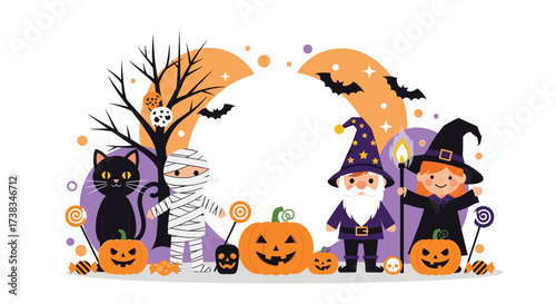 Spooky Halloween characters trick or treat together.