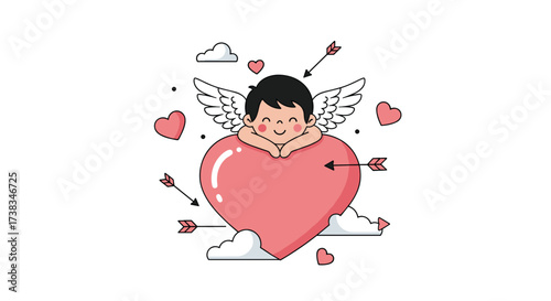 A cute cupid sits on a big heart with arrows and clouds.