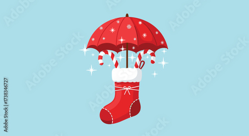 A delightful christmas stocking is suspended beneath a festive red umbrella.